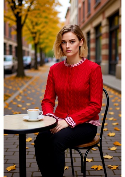 Kadın Saç Örgü Detaylı Düğmeli Triko Hırka Katmanlı Şık Görünüm Sunan Örme Kazak Dayanıklı fiyatları