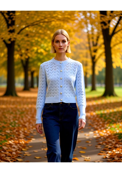 Kadın Ajurlu Zikzak Desenli Bisiklet Yaka Uzun Kollu Crop Kesim Düğmeli Triko Hırka Rahat ve Şık