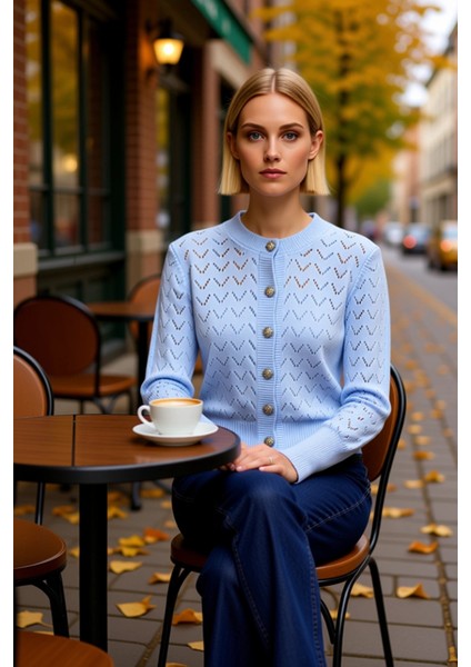 Kadın Ajurlu Zikzak Desenli Bisiklet Yaka Uzun Kollu Crop Kesim Düğmeli Triko Hırka Rahat ve Şık fiyatları