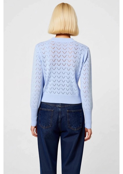 Kadın Ajurlu Zikzak Desenli Bisiklet Yaka Uzun Kollu Crop Kesim Düğmeli Triko Hırka Rahat ve Şık indirimleri