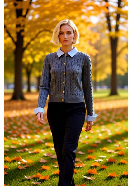 Kadın Klasik Saç Örgü Desenli Önü Düğmeli Uzun Kollu Triko Hırka Kış Sezonu Konforlu Şıklık