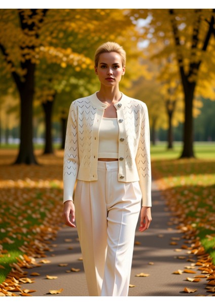 Kadın Ajurlu Zikzak Desenli Bisiklet Yaka Uzun Kollu Crop Kesim Düğmeli Triko Hırka Rahat ve Şık