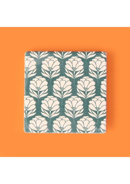Kitchen Beyaz Çiçekli Taş Bardak Altlığı - Renkli - 10X10 cm