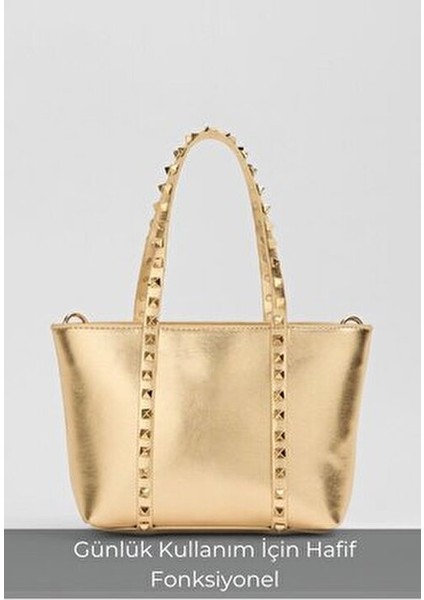 Altın Kadın Küçük Boy Zımba Detaylı Pu Deri Tokalı El ve Omuz Çantası