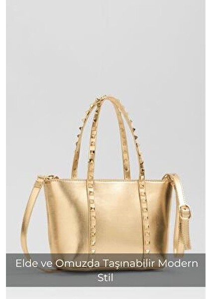 Altın Kadın Küçük Boy Zımba Detaylı Pu Deri Tokalı El ve Omuz Çantası modelleri
