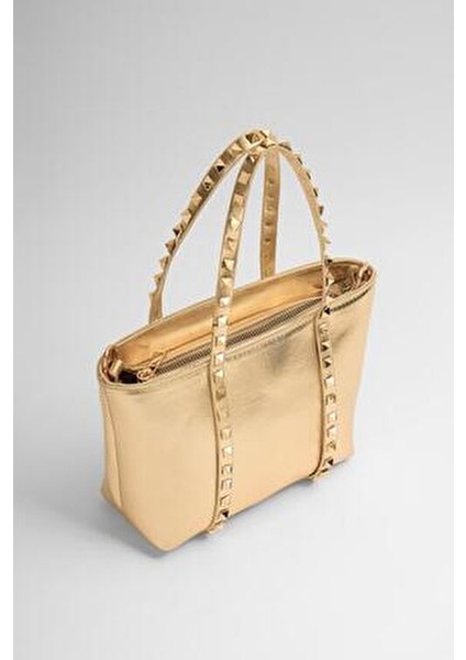 Altın Kadın Küçük Boy Zımba Detaylı Pu Deri Tokalı El ve Omuz Çantası indirimleri