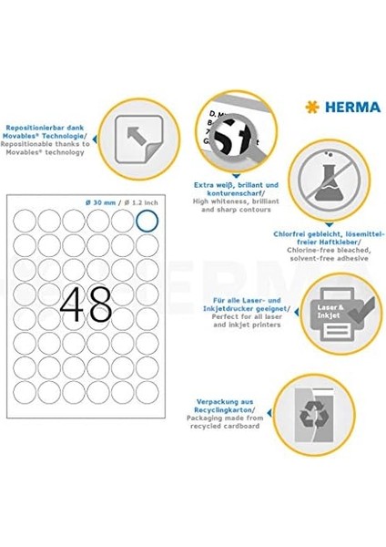 Herma 4387 Üniversal Etiket Dın A4 Çıkarılabilir 30 Mm, 25 Yaprak, Kağıt, Mat, Yuvarlak, Çıkarılabilir ve Tekrar Yapışan Adres Çıkartması, 1.200 Yapışkan Etiket, Beyaz fiyatları