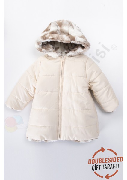 Çift Taraflı Içi Kürklü Peluş Şişme Fermuarlı Kalın Kar Kapüşonlu Kışlık Kız Bebek Mont Çocuk Kaban