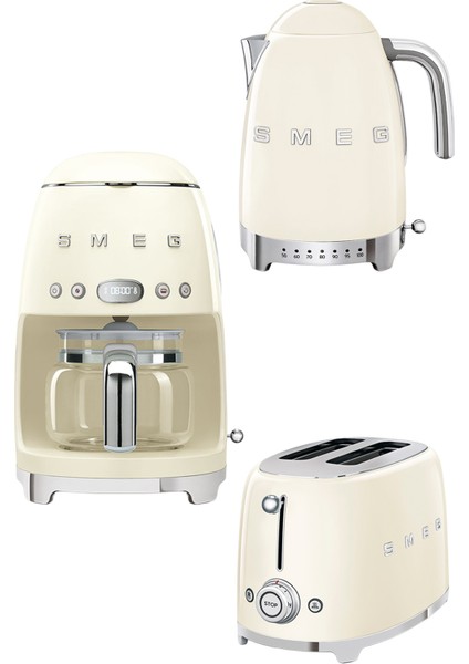 50's Style Krem Isı Ayarlı Kettle - 1x2 Ekmek Kızartma Makinesi ve Filtre Kahve Makine Seti