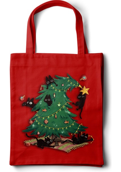 Bez Çanta – Yılbaşı Ağacı Kedili Tasarım - 35X40