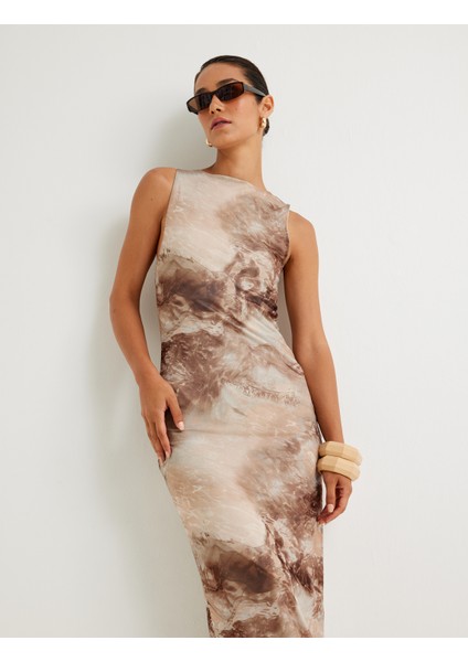 Uzun Kalem Elbise Soyut Desenli Kolsuz Yuvarlak Yaka