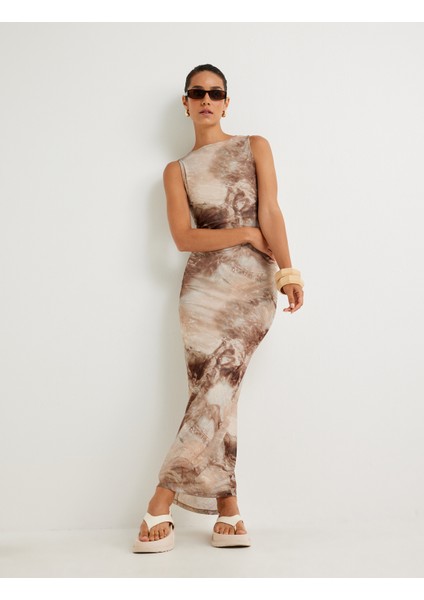 Uzun Kalem Elbise Soyut Desenli Kolsuz Yuvarlak Yaka fiyatları