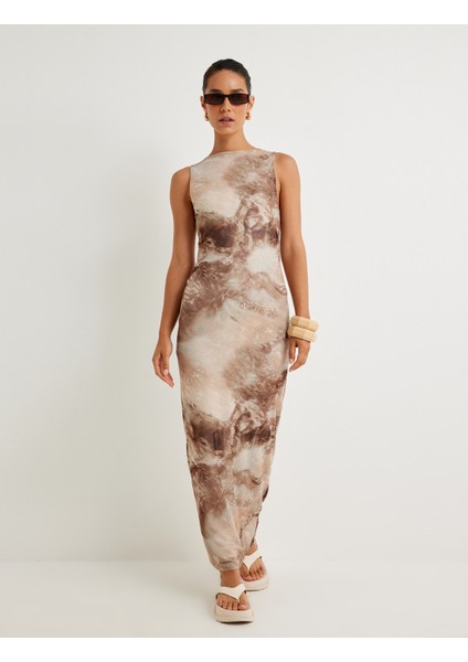 Uzun Kalem Elbise Soyut Desenli Kolsuz Yuvarlak Yaka modelleri