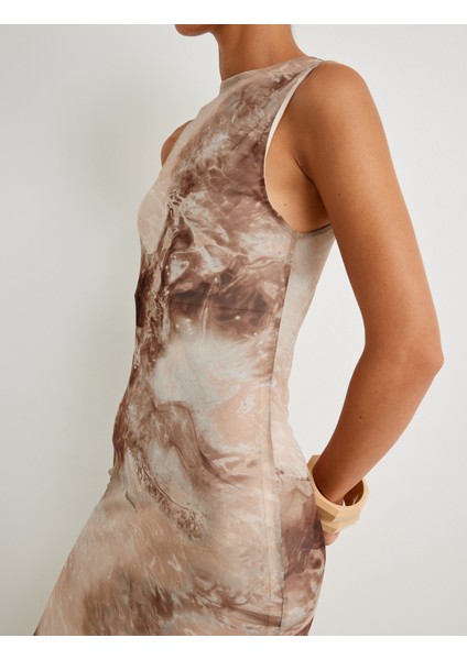 Uzun Kalem Elbise Soyut Desenli Kolsuz Yuvarlak Yaka indirimleri