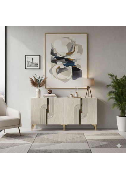 KA1804BTG -Meyra Konsol, Kahve Köşesi, Tv Sehpası 180 cm Beyaz - Traverten - Gold