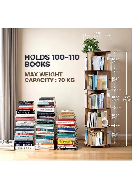 360° Döner Kitaplık – Modern ve Dekoratif Çok Katmanlı Ahşap Kitap ve Dergi Rafı (Meşe, 5 fiyatları