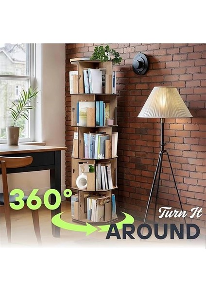 360° Döner Kitaplık – Modern ve Dekoratif Çok Katmanlı Ahşap Kitap ve Dergi Rafı (Meşe, 5 modelleri
