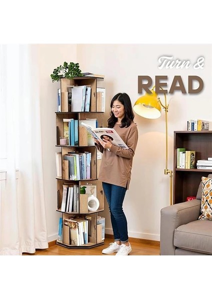 360° Döner Kitaplık – Modern ve Dekoratif Çok Katmanlı Ahşap Kitap ve Dergi Rafı (Meşe, 5 fırsatları