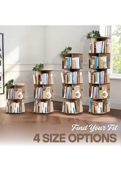 360° Döner Kitaplık – Modern ve Dekoratif Çok Katmanlı Ahşap Kitap ve Dergi Rafı (Meşe, 5