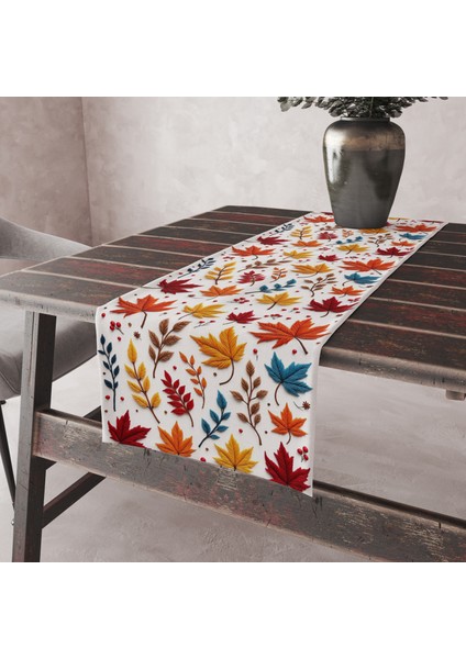Punch Işlemeli Görünümlü Sonbahar Yaprak Desen Leke Tutmaz Kumaş Kenarları Dikişli Dekoratif Masa Örtüsü Runner 45×100 cm