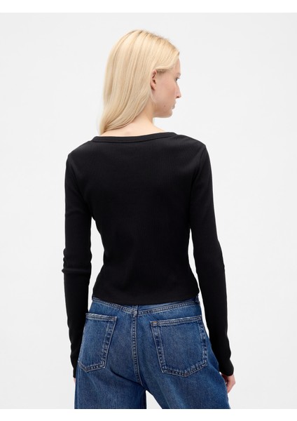 Kadın Siyah Ribana Crop Bisiklet Yaka T-Shirt fırsatları