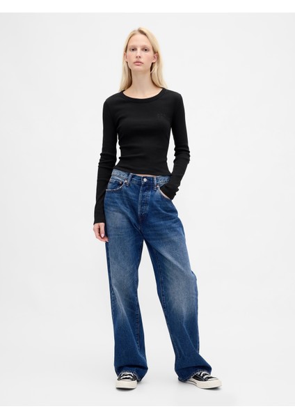 Kadın Siyah Ribana Crop Bisiklet Yaka T-Shirt indirimleri