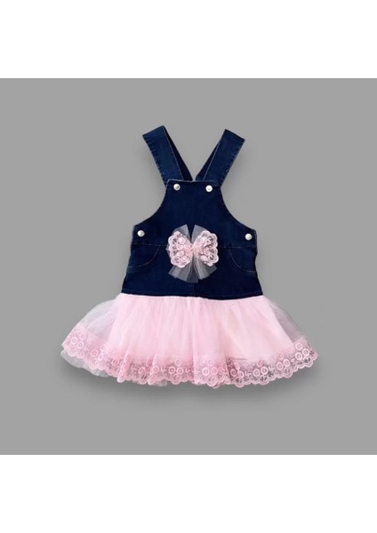 2-3-4 Yaş Fiyonklu Düğme Detaylı Tül Etek Kot Kumaş Salopet Kız Çocuk Elbisesi Lacivert-Pembe fiyatları