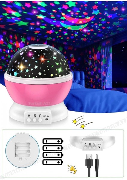 Pembe Dönen Renkli Ay Yıldızlı Gökyüzü Yansıtmalı Projeksiyon Gece Lambası Çocuk Bebek Parti Odası