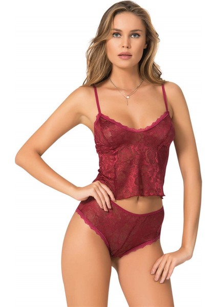 Bordo Jakarlı Babydoll Şort Takımı