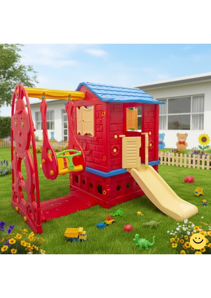 Iki Kapılı Oyun Evi Kaydıraklı Salıncaklı 2+ Yaş Güvenli Çocuk Bahçe Kreş Anaokulu Parkı