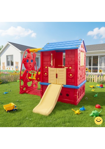 Iki Kapılı Oyun Evi Kaydıraklı Salıncaklı 2+ Yaş Güvenli Çocuk Bahçe Kreş Anaokulu Parkı fiyatları
