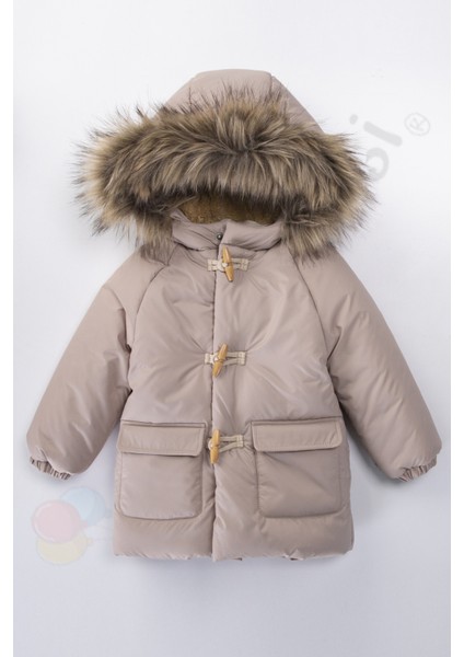 Yeni Varaklı Peluş Kürklü Fermuarlı Kapitone Kapüşonlu Kar Şişme Kışlık Erkek Bebek Mont Çocuk Kaban