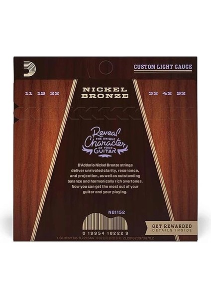 D'addario NB1152 Akustik Gitar Tel Seti, Nickel Bronze, Custom-Lite