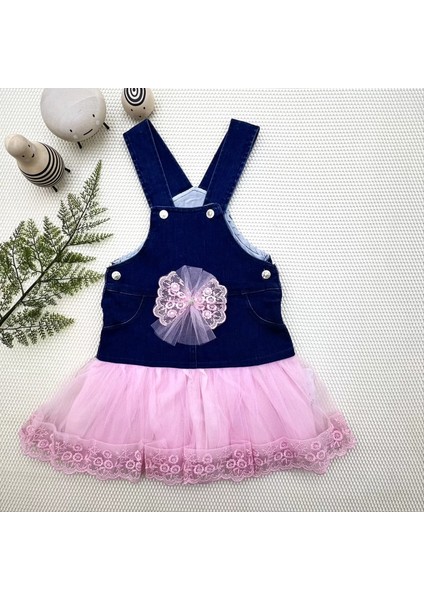 2-3-4 Yaş Fiyonklu Düğme Detaylı Tül Etek Kot Kumaş Salopet Kız Çocuk Elbisesi Lacivert-Pembe