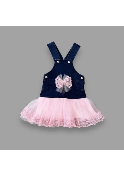 2-3-4 Yaş Fiyonklu Düğme Detaylı Tül Etek Kot Kumaş Salopet Kız Çocuk Elbisesi Lacivert-Pembe fiyatları