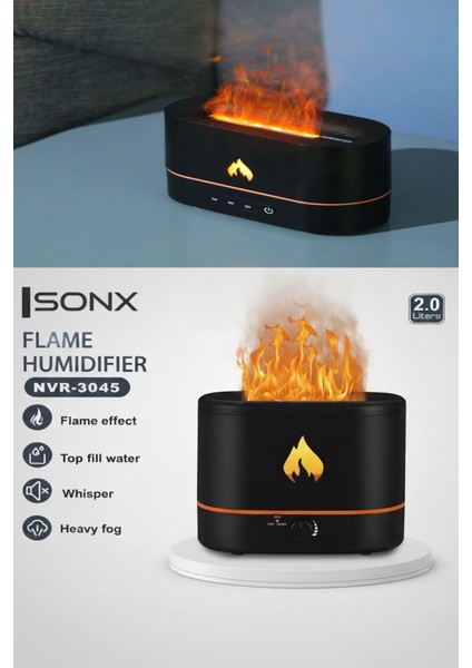 Alev Efektli Ultrasonik Hava Nemlendirici – Sessiz, Otomatik Kapanma, LED Işıklı Aroma Difüzör