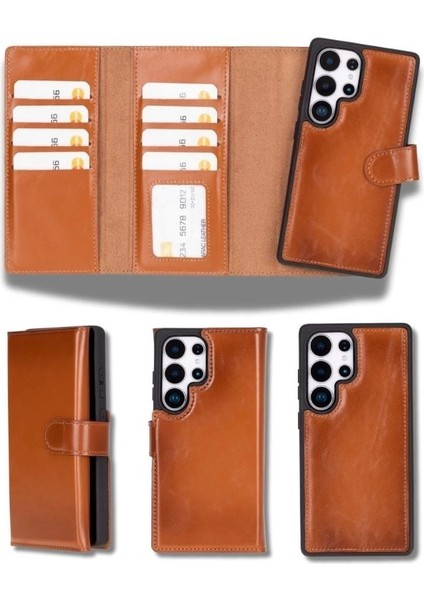 Samsung Galaxy S25 Ultra Uyumlu, Hakiki Deri, El Yapımı, Cüzdanlı Kılıf, Gölgeli Taba indirimleri
