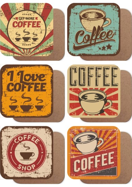 Retro Kahve Vintage 6lı Ahşap Bardak Altlığı Seti