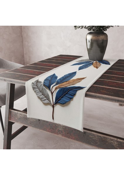 Nakış Desen Görünümlü 3 Boyutlu Leke Tutmaz Kumaş Kenarları Dikişli Dekoratif Masa Örtüsü Runner 45×100 cm