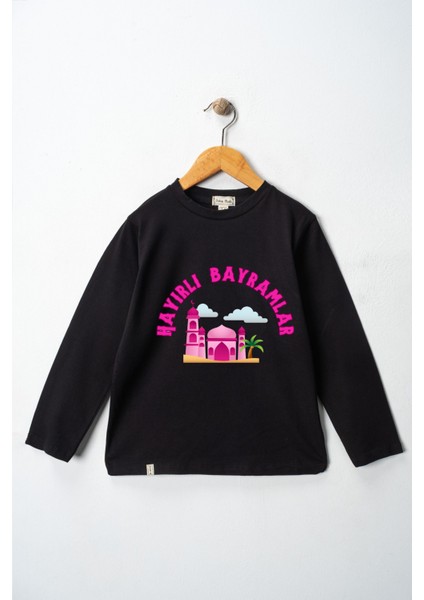 Kız Çocuk Uzun Kollu Bisiklet Yaka "hayırlı Bayramlar" Baskılı Tişört Mevsimlik Pamuklu