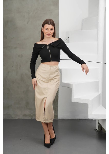 Yırtmaçlı Uzun Deri Etek Bej