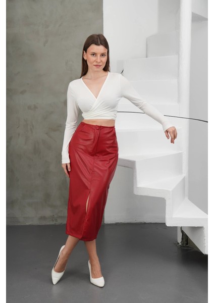 Yırtmaçlı Uzun Deri Etek Bordo fırsatları