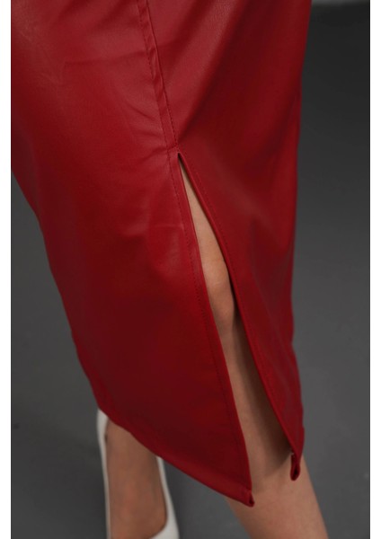 Yırtmaçlı Uzun Deri Etek Bordo