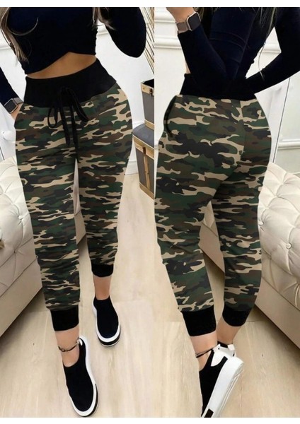 Kadın Yüksek Bel Bağcıklı Desenli Iki Iplik Pantolon