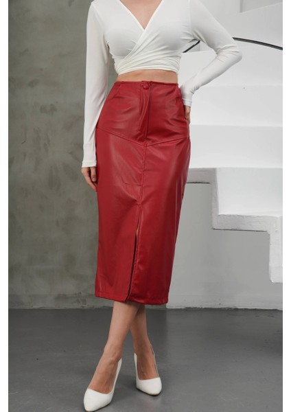 Yırtmaçlı Uzun Deri Etek Bordo