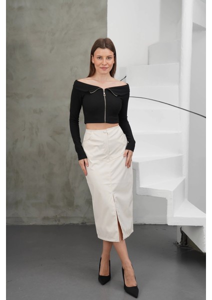 Yırtmaçlı Uzun Deri Etek Krem