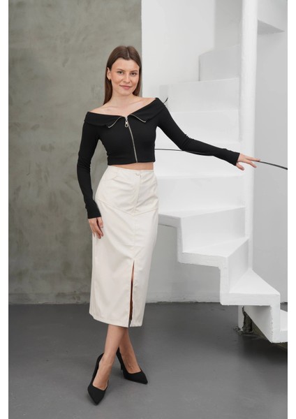 Yırtmaçlı Uzun Deri Etek Krem modelleri