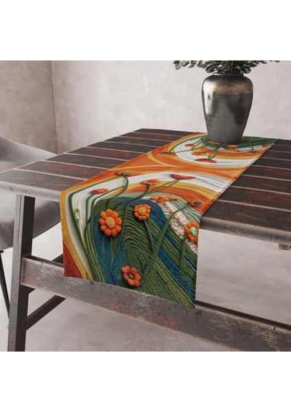 Punch Işlemeli Görünümlü Sonbahar Yaprak Desen Leke Tutmaz Kumaş Kenarları Dikişli Dekoratif Masa Örtüsü Runner 45×100 cm