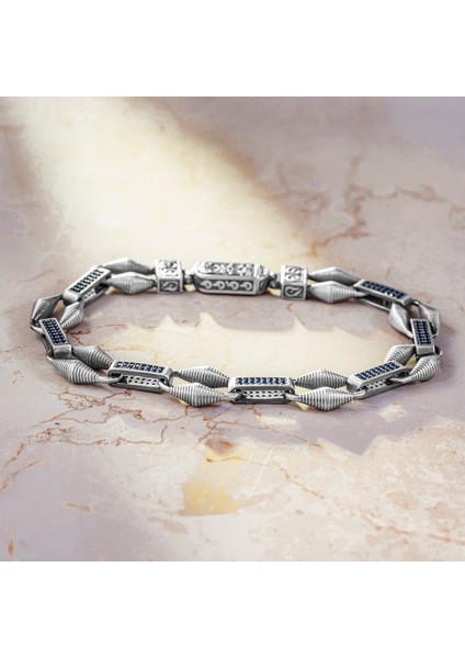 925 Ayar Gümüş Mavi Zirkon Taşlı Örgü Model Zincir Işlemeli Lüks Tasarım Erkek Bileklik