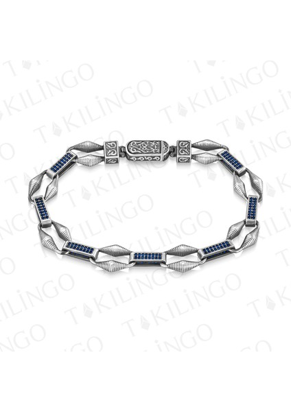 925 Ayar Gümüş Mavi Zirkon Taşlı Örgü Model Zincir Işlemeli Lüks Tasarım Erkek Bileklik fiyatları